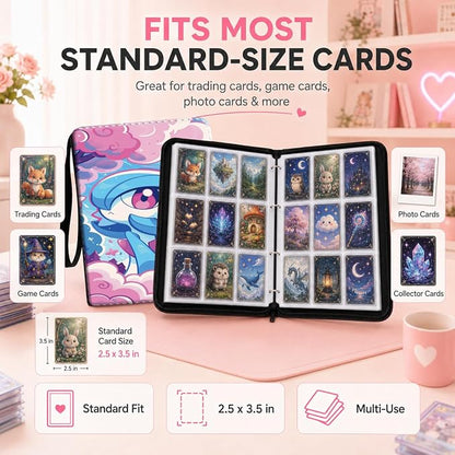 1008 Cute Card Binder 9 Pocket, 3-Ring Trading Card Binder with 56 Page Removable Sleeves, High Storage Waterproof Trading Card Holder Collection Card Album Organizer Case for TCG Cards - Blue
