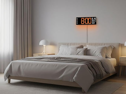 17.5 Inch Orange LED Digital Wall Clock with 8 Ambient Light Colors｜Displays Time,Date,Day,Temperature&Humidity,Dual Alarms,Countdown&Stopwatch,DST,10-Level Auto/Manual Brightness｜Modern Silent Clock