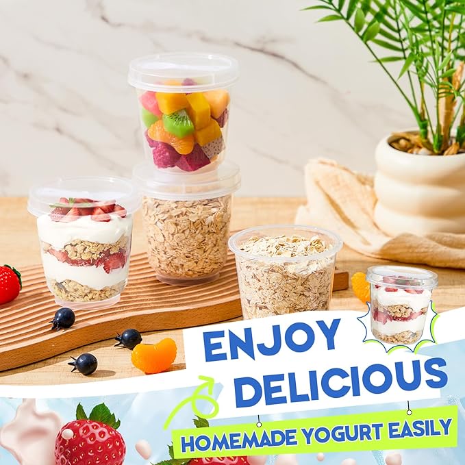 Jingmore 25 Pack 9.5oz Clear Plastic Yogurt Parfait Cups Disposable Overnight Oats Containers with Lids and Spoons Cake Fruit Jars for Food Storage Salad Ice Creams Pudding Snacks (Round Style)