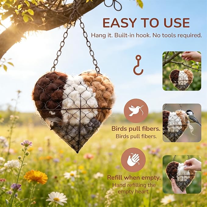 2026 New Handmade Alpaca Fiber Bird Nesting Heart,Refillable Alpaca Bird Nesting Material,Nesting Material for Wild Birds and Hummingbirds for Fowl Gifts Animal Hummingbirds Lovers (3pcs)