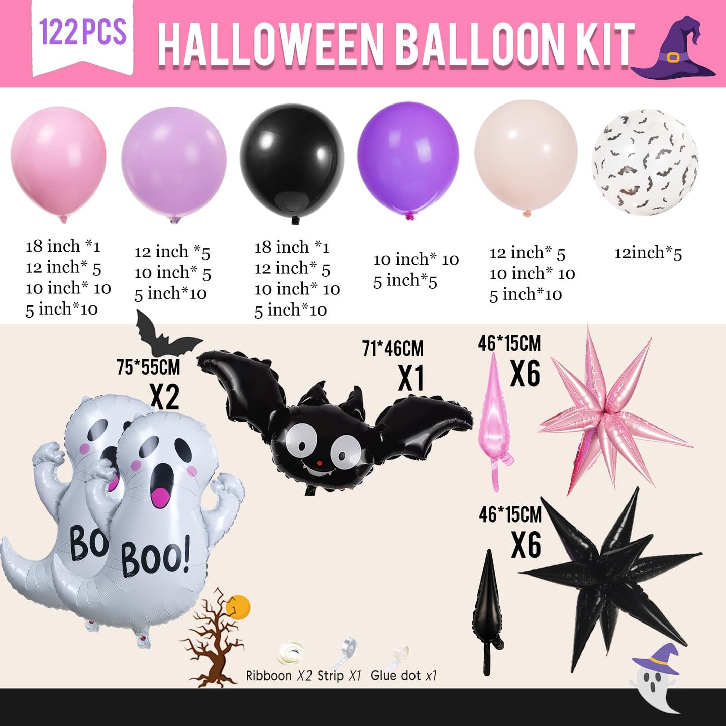 Summerween Pink purple black Balloon Garland Arch Kit 122Pcs with Cute Bat Ghost mylar foil Balloons for Girls Two spooky Halloween Birthday Baby Shower Party Decorations Horror BOO Day Party Supplies