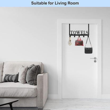 Azmoncy Over The Door Hooks, Towel Rack for Bathroom Towel Holder for Hanging Heavy Duty,Towel Hanger with 5 Hooks for Bedroom Bathroom Kitchen, Black