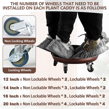 Tadpolebaby Heavy Duty Plant Caddy with Solid Rubber Wheels, Lockable, Increased Load Capacity, One-Minute Installation, Suitable for Indoor, Outdoor, Patio, Garden Settings, 16 Inches 3PACK, Brown