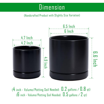 D'vine Dev 4.7 Inch & 6.5 Inch Ceramic Planter Pots for Plants with Drainage Hole and Saucer, Small Plant Pots Set, Black, 94-G-S-2