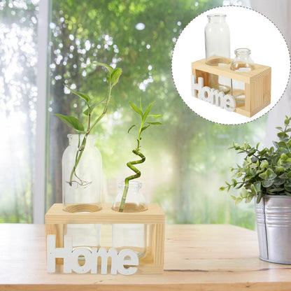 FESTFENDS Glass Terrarium Plant Vase with Wooden Stand, Hydroponic Propagation Station for Indoor Plants, Nordic Style Desktop Flower Vase Home Décor Set with 2 Glass Containers and Natural