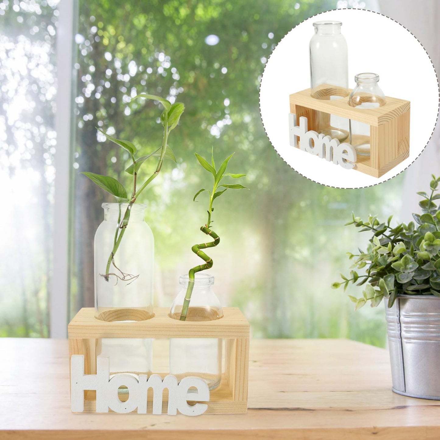 LALAFINA Nordic Style Hydroponic Plant Holder Glass Vase with Wooden Stand, Indoor Desktop Planter Terrarium for Home Garden Décor, 2pcs