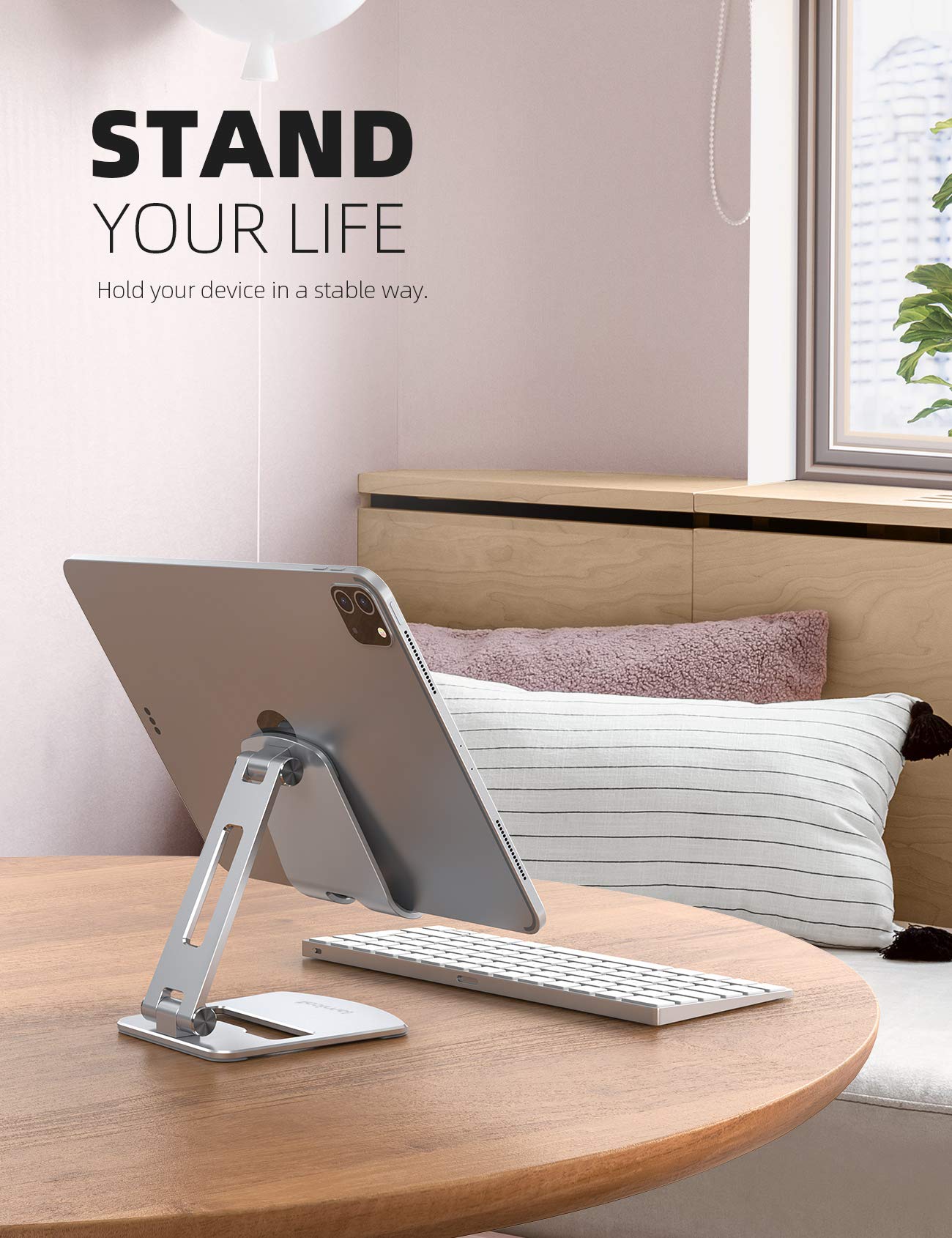 Lamicall Adjustable Tablet Stand Holder - Foldable Phone Dock, 360°Rotating Desktop Tablet Mount Gifts, for 4.7-13" Tablets, iPad Pro 11, 12.9 Air Mini, Tabs, Kindle, iPhone Air 17 Pro Max, Silver