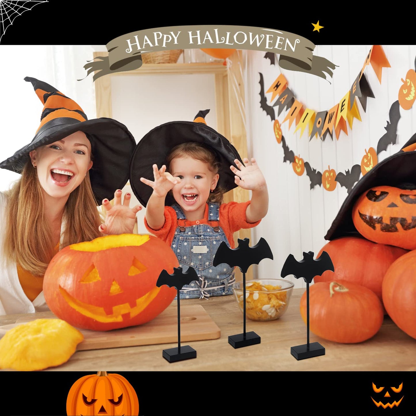 Shellwei 3 Pieces Halloween Wood Table Decor Bat Wooden Table Topper Sign Fall Tall Standing Wooden Centerpiece for Halloween Party Favor Home Room Decor(Black)