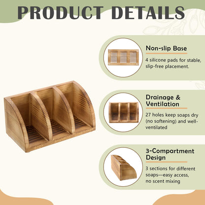 Ferrochef Wooden Shampoo Bar Holder Multi Bar Soap Dish with Self Draining, 3 Slot, Natural Wood Soap Holder for Shower Conditioner Bathroom Organizer, Extend Shampoo Life, Keep Dry Neat