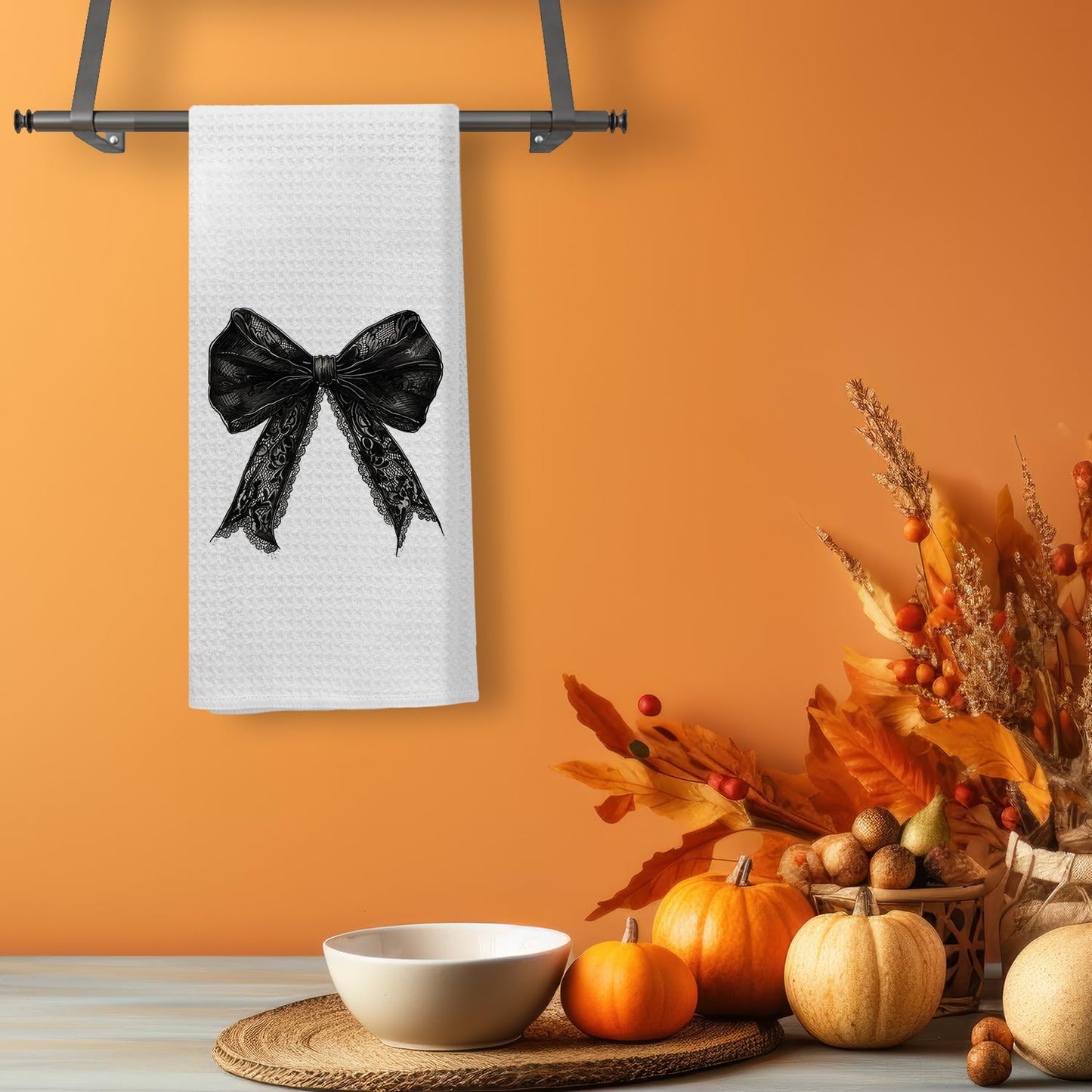 Kemingni Halloween Kitchen Towels - Gothic Coquette Black Bow Hand Towels for Bathroom, Gothic Kitchen Decor, 16x24 Inches