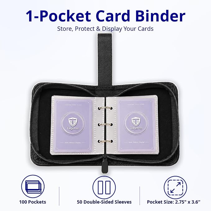 1 Pocket Card Binder with Zipper, 100 Pockets Mini Trading Card Album, Premium PU Leather Single Card Binder, Small Display Folder for TCG & Sports Cards