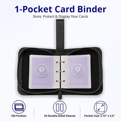 1 Pocket Card Binder with Zipper, 100 Pockets Mini Trading Card Album, Premium PU Leather Single Card Binder, Small Display Folder for TCG & Sports Cards