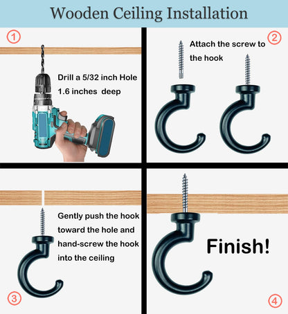 OBSTKUCHEN Large Swag Ceiling Hooks Heavy Duty Swag Hook with Hardware for Hanging Plants Ceiling Installation Cavity Wall Fixing (4 Sets, Black)