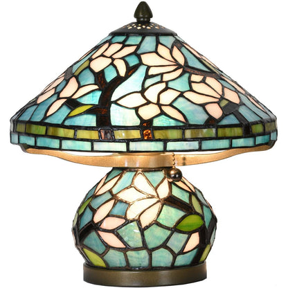Bieye L10905 Tiffany Style Stained Glass Mushroom-Shaped Double Lit Table Lamp for Home Decor (10-inch, White Magnolia)