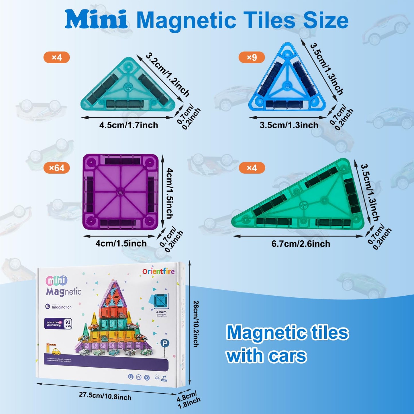 93 PCS Magnetic Tiles Mini Magnetic Building Tiles with Cars, Travel Magnetic Tiles with Storage Bag,STEM Toys for School Acitivities, Ideal Christmas Birthday Gifts for Boys Girls Age 3+ Years Old