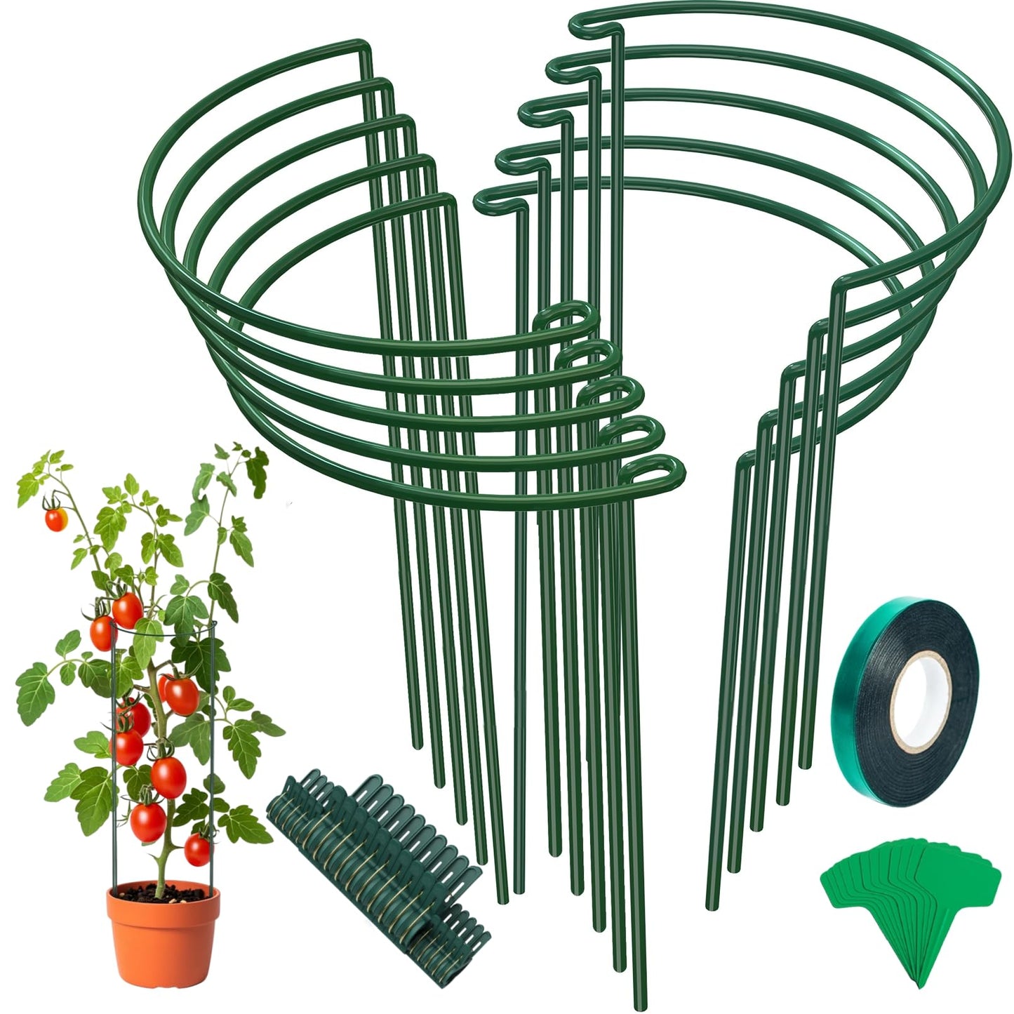 Unves 10 Pack Plant Support Stakes, 10" W x 16" H Half Round Peony Cages and Supports, Metal Peony Cage Plant Ring for Outdoor Plants Tomato Flower Vine, with Garden Labels, Clips and Ties