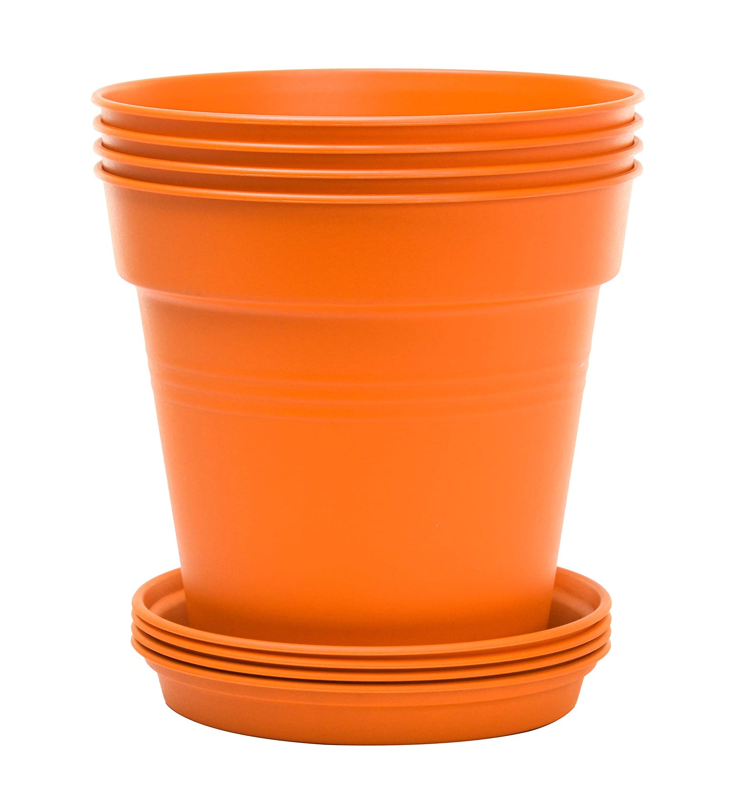 Mintra Garden Pots, 4 Pack Bulk Plastic Plant Pots with Drainage Tray, Round Indoor & Outdoor Decorative Planters with Drain Holes for Flowers, Herbs & Plants, 19cm Diameter – Orange, 7.5 in