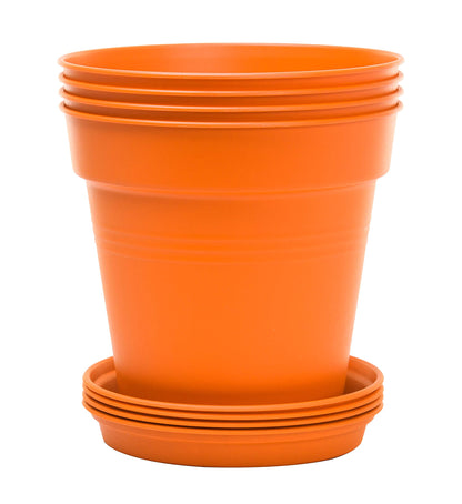 Mintra Garden Pots, 4 Pack Bulk Plastic Plant Pots with Drainage Tray, Round Indoor & Outdoor Decorative Planters with Drain Holes for Flowers, Herbs & Plants, 19cm Diameter – Orange, 7.5 in