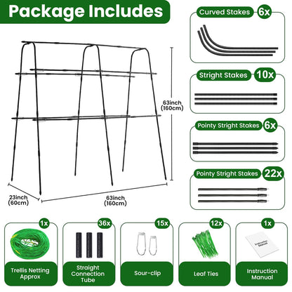 Garden Trellis for Climbing Plants Outdoor, 5.3x5.3ft Garden Trellis Climbing Plant Support Plastic-Coated Metal U-Shaped Vine Vegetables Tomato Cucumber Trellis Raised Bed, with Netting, Black