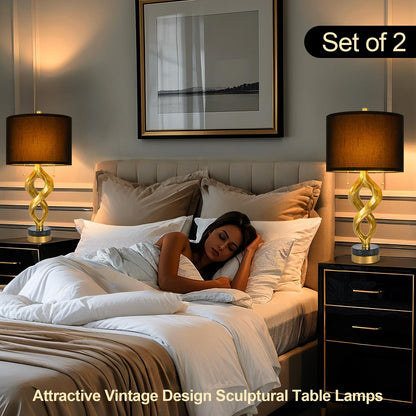 Sculptural Table Lamp Set of 2 for Bedroom, 26” Gold Leaf Farmhouse Bedside Lamps for Living Room, Pull Chains Switch Rustic Nightstand Lamp Marble Base with USB for Home Room Decor (Bulbs Included)