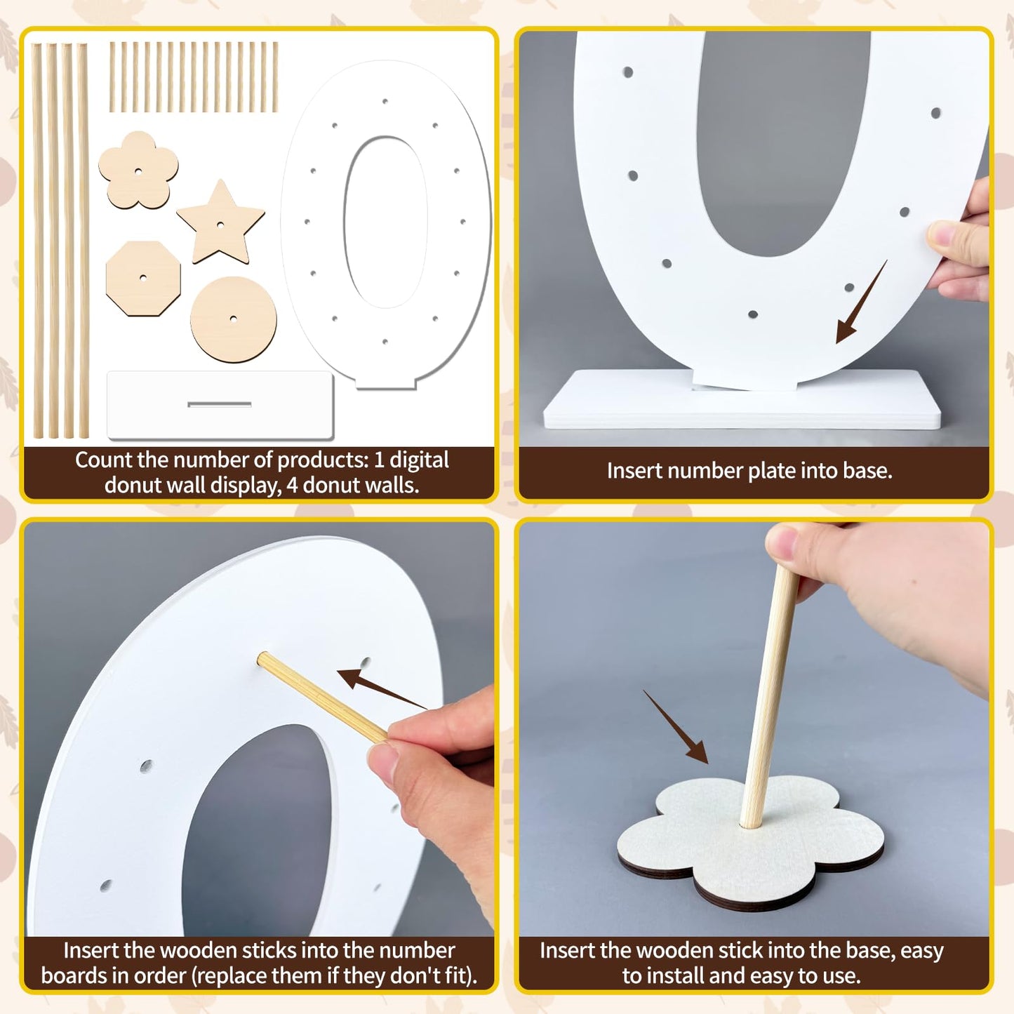 soleim 5 Pcs Donut Stand Set, Doughnut Party Supplies Include 1 Pc Digit Donut Wall Display Stand, 4 Pcs Doughnut Wall, for Birthday Wedding Baby Shower Party (White number 0)