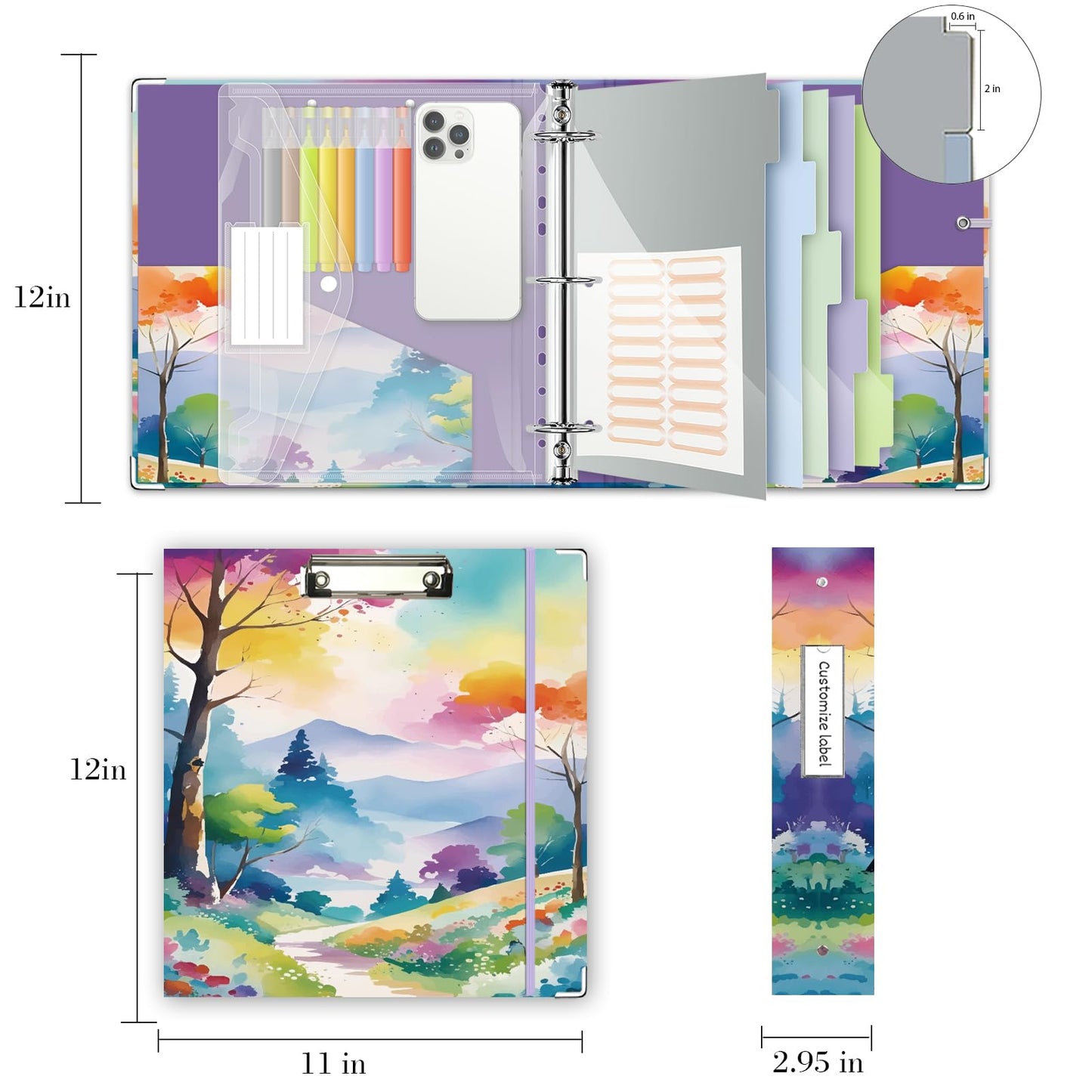 3 Ring Binder 2 Inch for 8.5"x11" Paper, Three Ring Binders with Clipboard, 5 Dividers with Tabs and Pockets, Decorative Binder with Pen Holder,Path