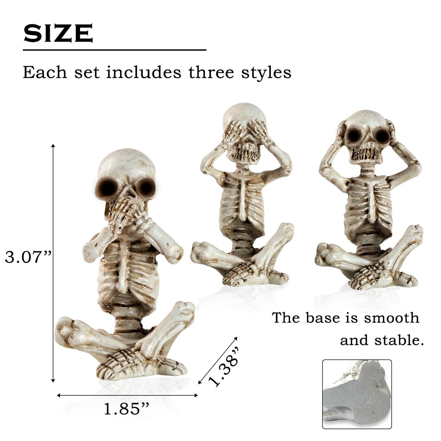 IBWell Set of 3 Mini Skeletons Statue “Hear See Speak No Evil” Sitting Skulls Figurines for Halloween Gothic Small Resin Skeletal Creepy Spooky Sculpture Home Decoration