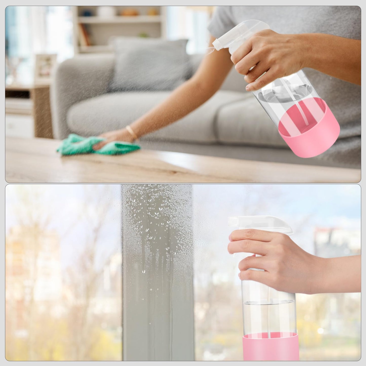 Worldgsb 2 Pack Glass Spray Bottles with Silicone Sleeve, 16 oz Empty Refillable Containers with Adjustable Spray Nozzles, Spray Bottles for Hair, Cleaning Solutions and Plants Pink