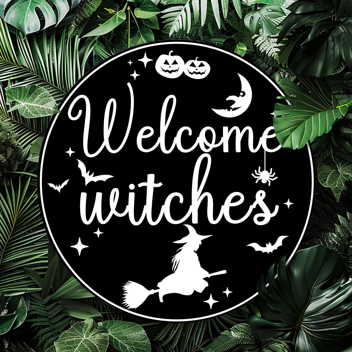 Generic Welcome Witches Round Aluminum Sign Halloween Metal Tin Signs Autumn Witch Ghost Pumpkin Wall Decor Sign For Home Kitchen Cafe 8x8 Inch
