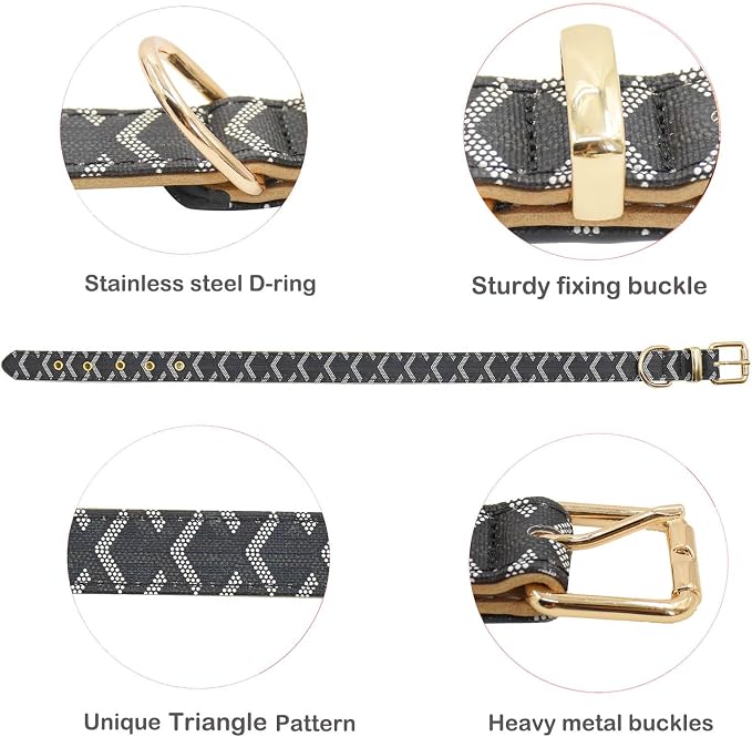 Leather Dog Collar and Leash Set, Check Pattern Dog Collar Leashes Metal Buckle Adjustable Durable for Small Medium Large Dogs (Black, M(11.8-15IN))