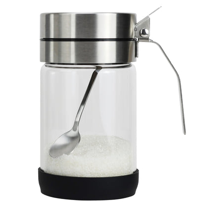 EIKS Glass Condiment Jars with Stainless Steel Lids and Spoons for Serving & Storing Sugar Spice Salt Seasoning in Home Kitchen Coffee Bar Restaurant, Container Capacity 450ml/14.5oz