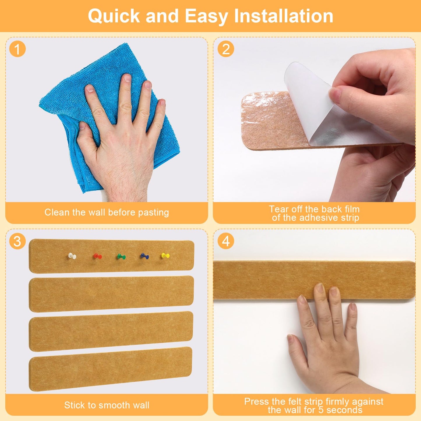 Fushing Cork Boards Felt Bulletin Boards, 13"x2" Pin Boards with Push Pins, Self-Adhesive, No-Drill Wall Mount Pin Boards for Classroom, Office, Home, Dorm, Bedroom Door (12)
