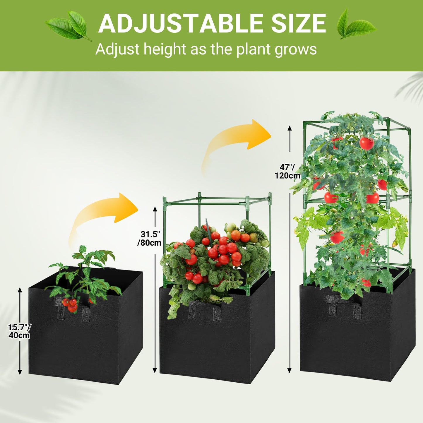 MQHUAYU 2 Pack Tomato Cages with 17 Gallon Grow Bags, 47” Heavy Duty Square Tomato Plant Stakes Support Cages Trellis for Garden Climbing Vegetables Flowers Fruits (47IN Tall, Extra-Bold)