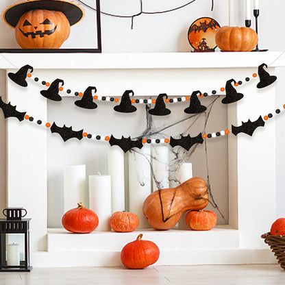 XEFINAL 2 PCS Halloween Felt Bats Witch and Wood Beads Garland Halloween for Mantle Garland Banner Decor Indoor Outdoor Haunted House Decoration