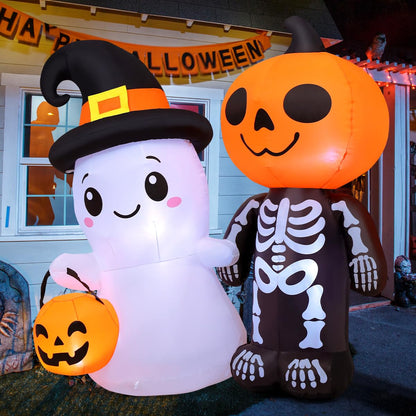 GOOSH 5.4FT Halloween Inflatables Outdoor Decoration Blow Up Yard Cute Ghost and Skull Pumpkin with Built-in LEDs for Indoor Party Garden Lawn Holiday Decor