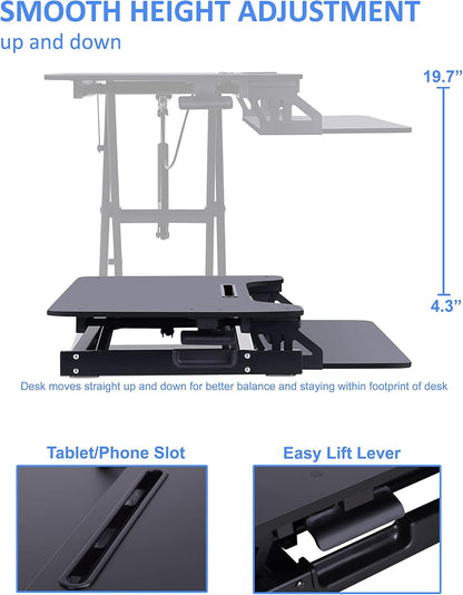 Rocelco Standing Desk Converter with Dual Monitor Mount - 31.5 Inch Sit Stand Up Tabletop Riser with Tablet Holder, Height Adjustable Workstation - Deep Keyboard Tray for Laptop - Black (R VADRB-DM2)