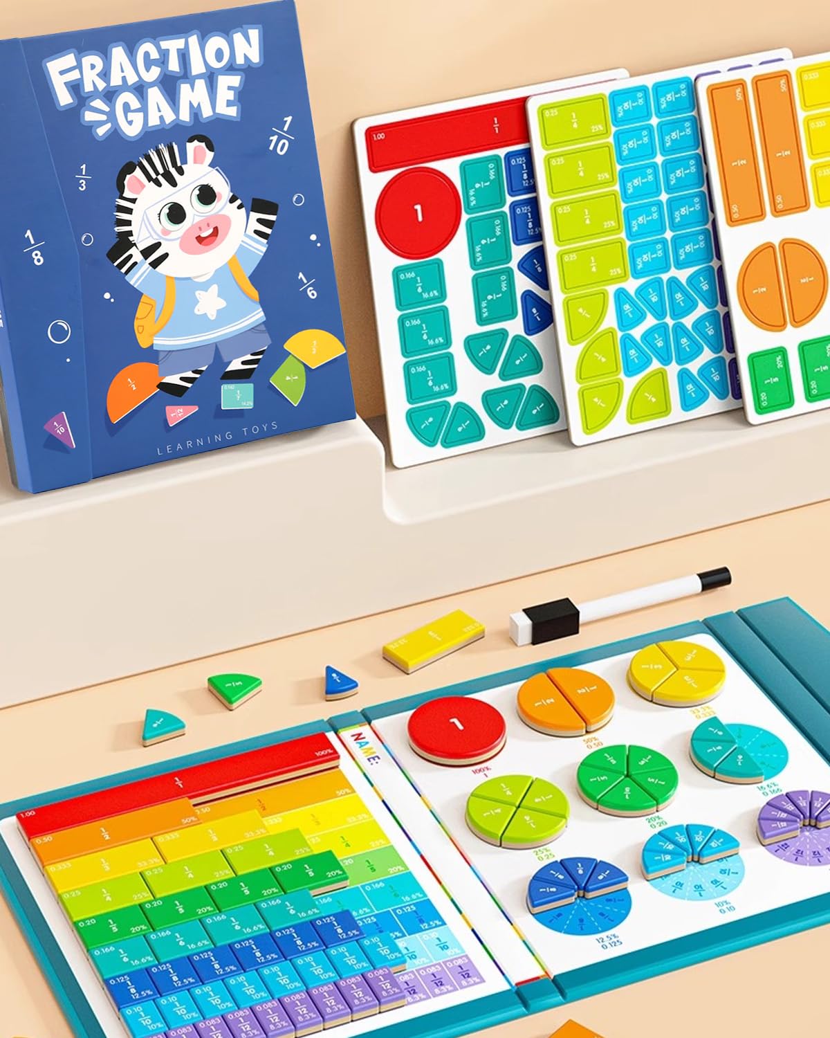 Magnetic Fraction Book & Tiles Set - 3rd Grade Math Manipulatives for Elementary Kids, Fractions Flash Cards Circles,Visual Educational Toys for Classroom Homeschool Learning (Complete All-in-One Kit)