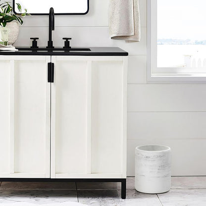 QL DESIGN Bathroom Trash Can - Decorative Wastebasket Finished in Resin, Beautiful Marble Look, Modern Round Waste Basket for Bathroom, Powder Room Or Living (Marble Style), white