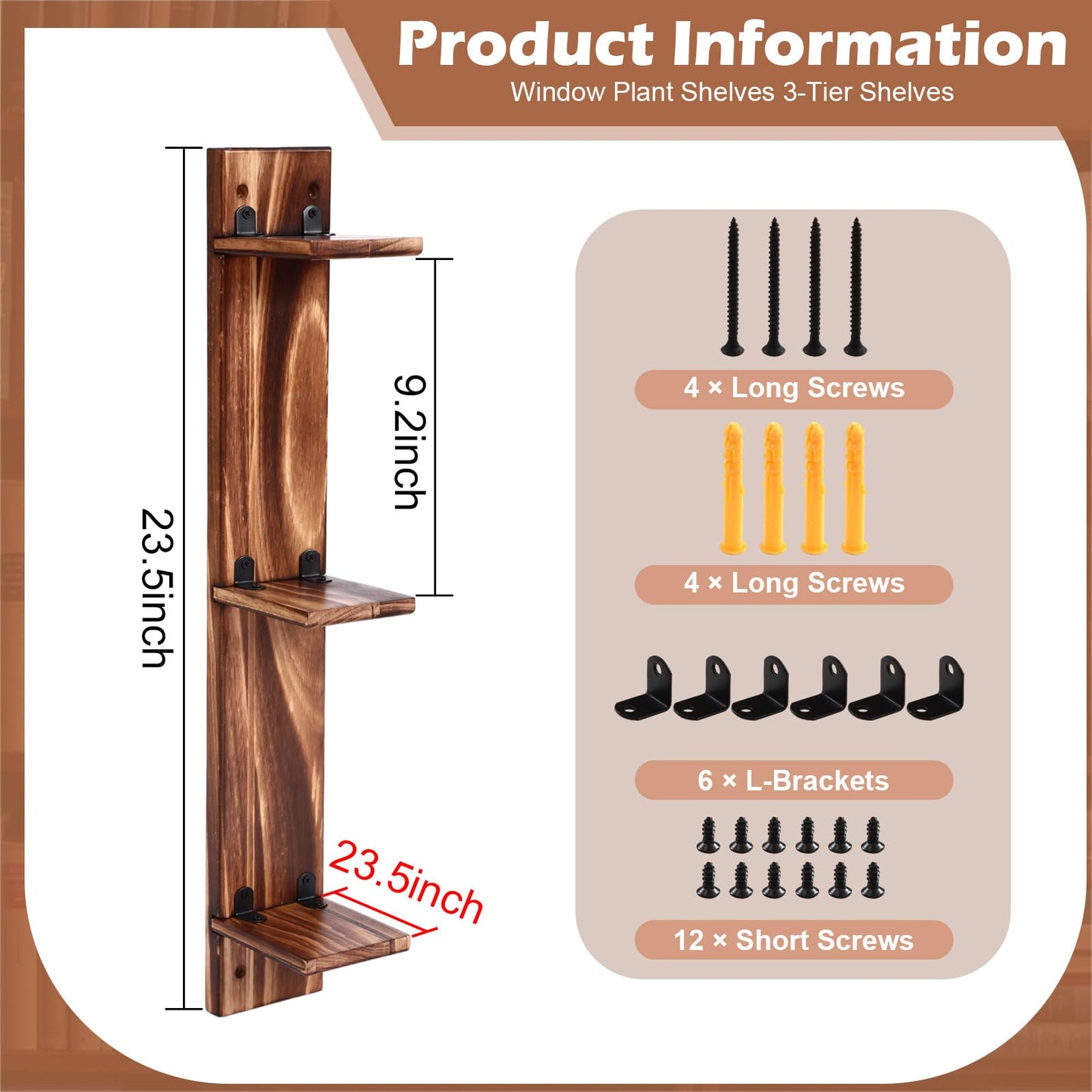 Pinkunn 3 Tier Wood Window Sill Plant Shelf Retro Indoor Wood Plant Stand Wall Mount Decorative Hanging Vertical Garden Display for Small Space Kitchen Living Room Bedroom Home