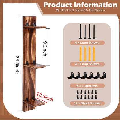 Pinkunn 3 Tier Wood Window Sill Plant Shelf Retro Indoor Wood Plant Stand Wall Mount Decorative Hanging Vertical Garden Display for Small Space Kitchen Living Room Bedroom Home