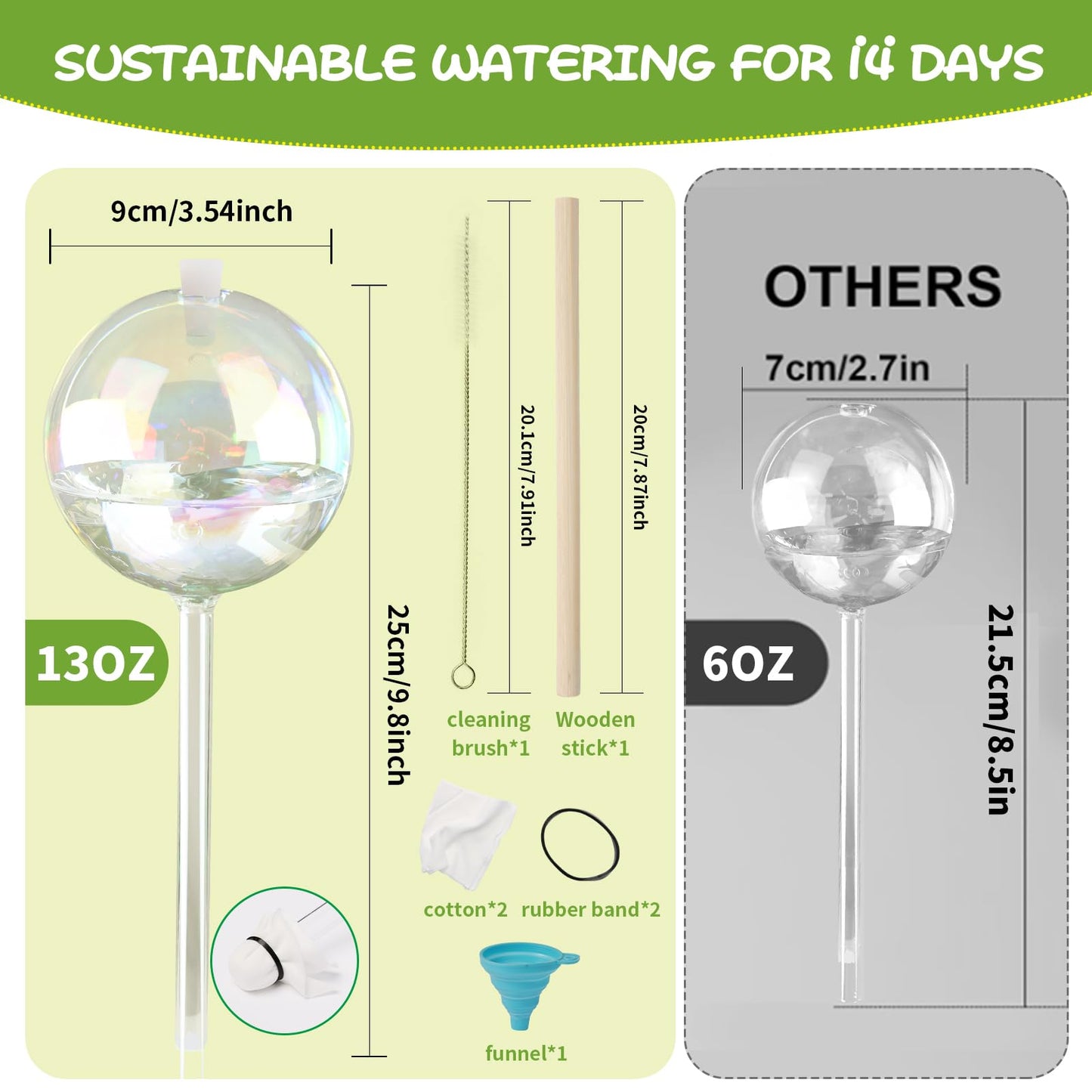 13 oz Up to 2 Weeks Large Self-Watering Plant Watering Globes, Self Watering Planter Insert, Glass Bulbs for Indoor & Outdoor Plants - Automatic Watering While Away or Vacation (Large 2-Pack)
