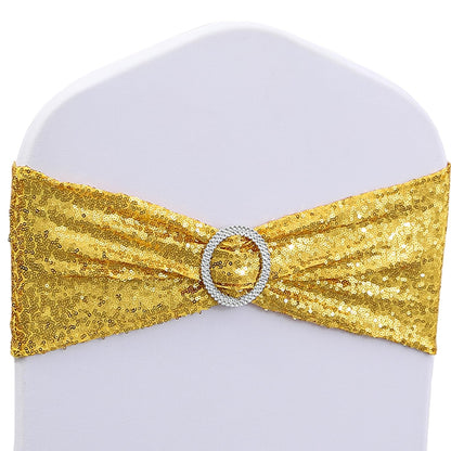 WENSINL All Sequin Gold Chair Sashes 100 Pack, Gold Sequin Chair Sashes Bows for Wedding Party Folding Chair Decoration, Golden Chairs Band with Buckles for Fiesta Event Decorations
