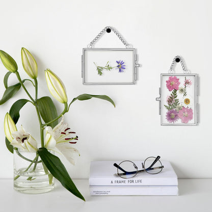 2Pcs Double Glass Frame for Pressed Flowers, 2x3 inch Picture Frame Mini Brass Wall Hanging Photo Frames Floating Frame with Chain for Plant Specimen Artwork Display Home Wall Decor (Silver, Horizontal)