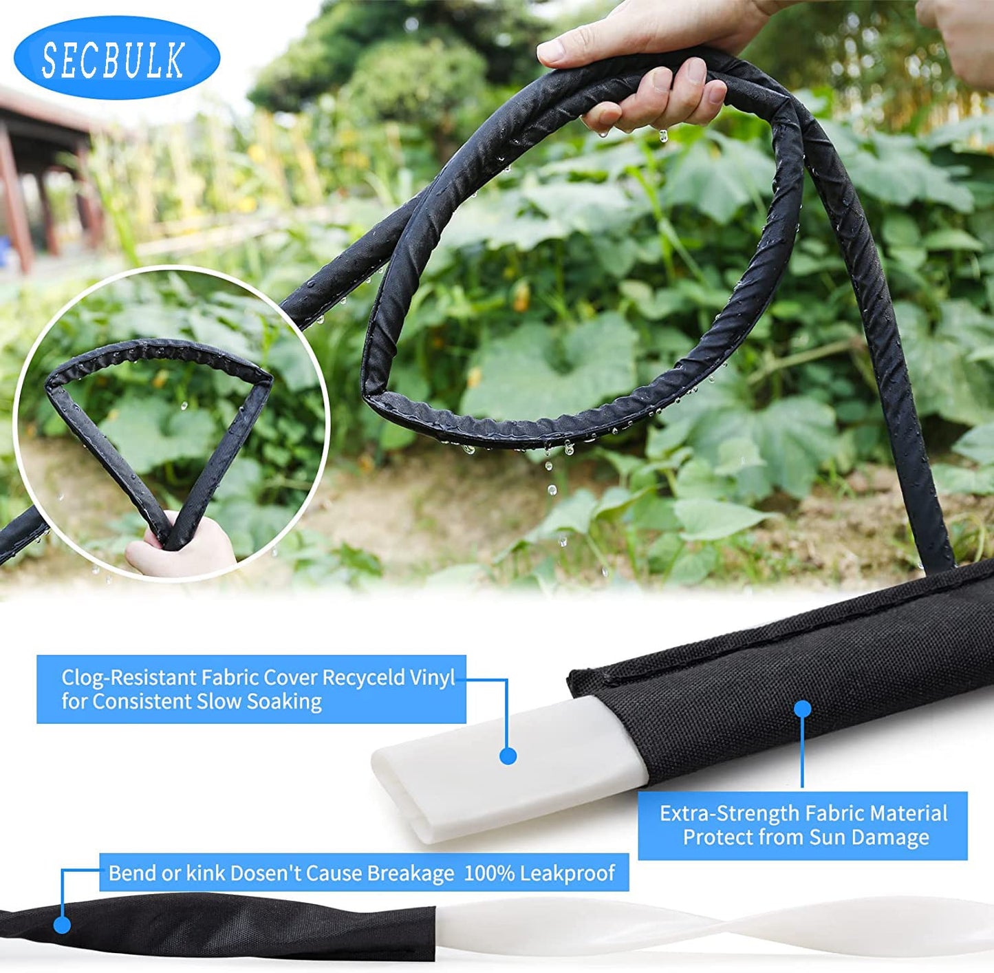 Secbulk 2026 Flat Soaker Hose 50 ft with Stakes for Garden, 50ft Linkable Drip Hose Diy Garden Irrigation System Saving 80% Water, Dual-layer Leak-free Design Water Hose with Holes