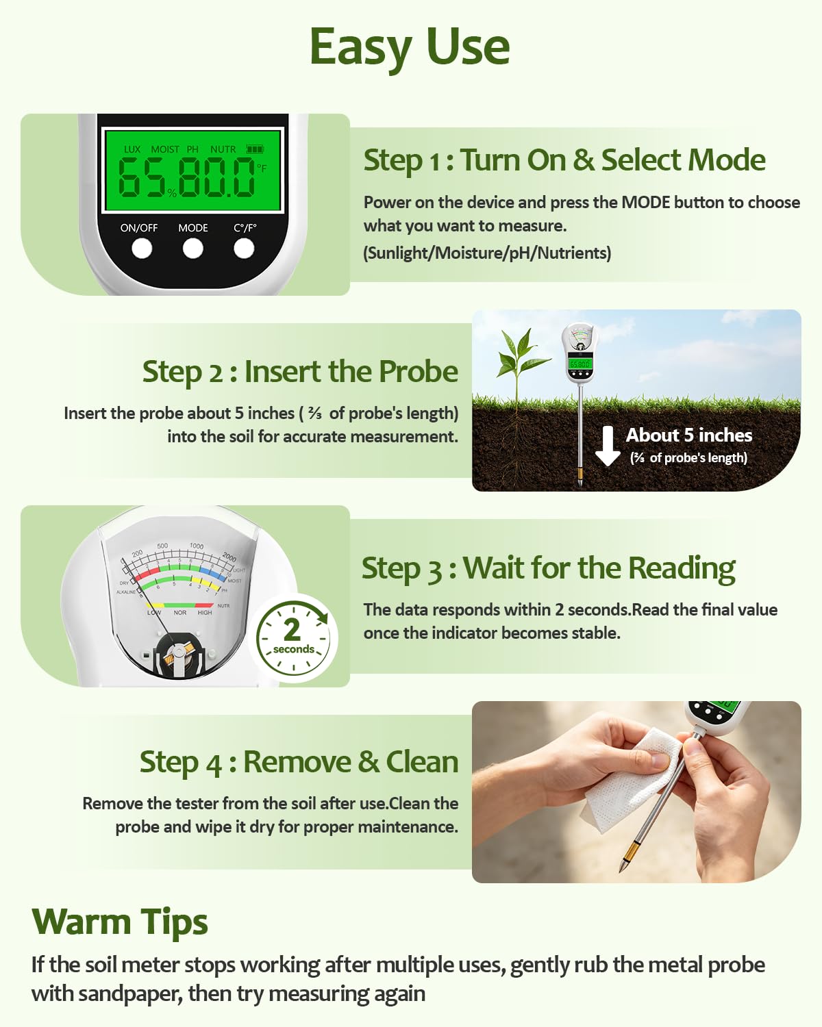 Jxikatx 7-in-1 Soil Test Kit, Soil Moisture Meter/pH Meter/Light Intensity/Fertility/Air & Soil Hygrometer Temperature with Large Dual Display for Garden,Lawn, Farm, Indoor Outdoor Plants-Warm White