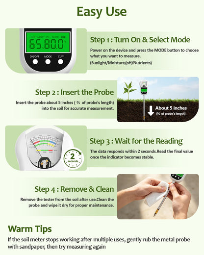 Jxikatx 7-in-1 Soil Test Kit, Soil Moisture Meter/pH Meter/Light Intensity/Fertility/Air & Soil Hygrometer Temperature with Large Dual Display for Garden,Lawn, Farm, Indoor Outdoor Plants-Warm White