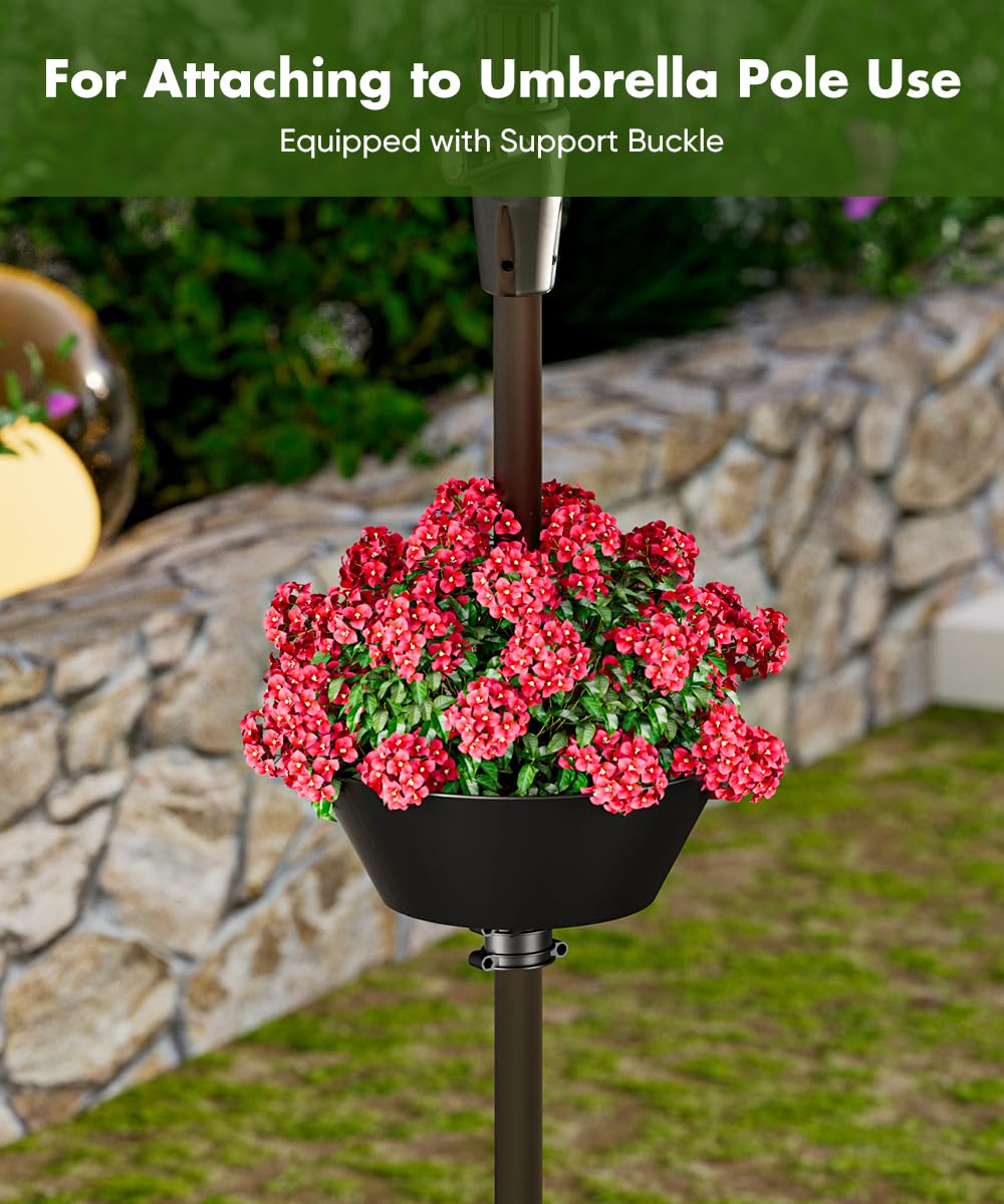 Koutemie 2-in-1 Umbrella Planter for Patio Table & Pole, Half Round Flower Planters Pots with Umbrella Hole Fits Poles Up to 2” Diameter, PVC Post Planter Wrap Around Umbrella for Garden, Black