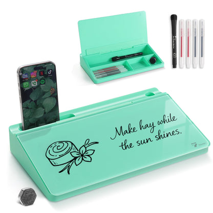 TOWON Small Compact Glass Desktop Whiteboard with Storage – 12 x 7 in Dry Erase Board for Desk, Home Office, School | Includes 5 Markers, Eraser & Holder | Space-Saving Organizer, Aesthetic Mint Green