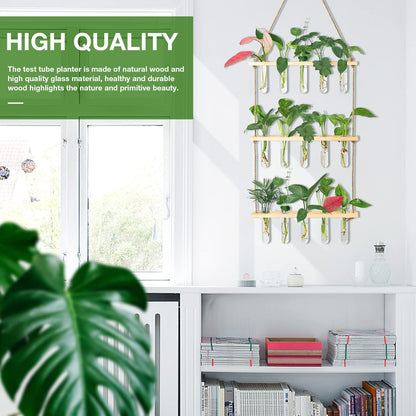 XXXFLOWER Wall Hanging Propagation Station with Wooden Stand 5 Glass Test Tubes 3 Tiers Planters Wall Terrarium for Home Office Plant Hanger Flower Vases Wall Decor Hydroponic Cuttings