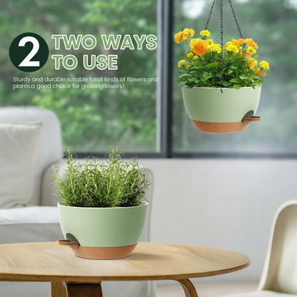 2 Pack 12 Hanging Flower Pots with Chains Self Watering Plastic Planters for Indoor Outdoor Plants, Sturdy Triangular Iron Chain Design for Garden PorchPlastic hanging flower pots (2, Green Brown)